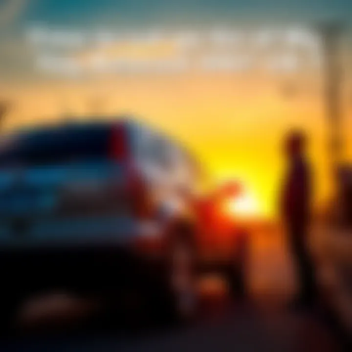A 2007 Honda CR-V parked on a street, reflecting the sunset. The car shows signs of age with visible wear. It has a thoughtful owner standing beside it, looking contemplative.