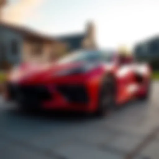 A shiny red 2023 C8 Corvette convertible parked in a driveway, showcasing its sporty design and low mileage.