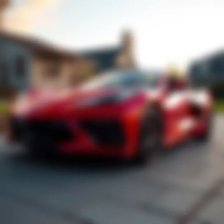 A shiny red 2023 C8 Corvette convertible parked in a driveway, showcasing its sporty design and low mileage.