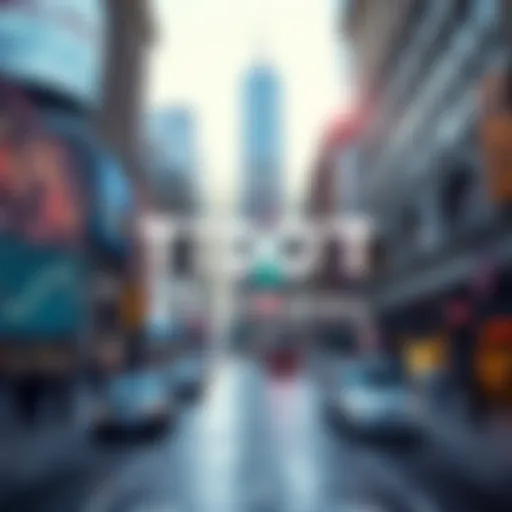 A view of Wall Street with financial graphs and the 21Shares TDOT ETF logo in the foreground, symbolizing interoperability in investment strategies.