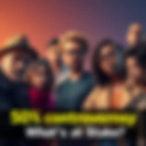 A group of diverse people discussing the implications of a controversial 50% figure in various sectors, showing a mix of concern and interest on their faces.