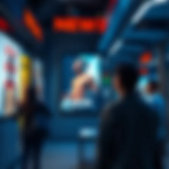 A person looking at a provocative advertisement for AE, showing mixed reactions as others discuss it nearby.