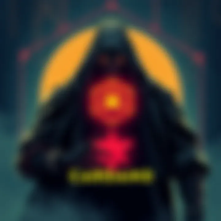 An illustration showing a digital representation of Claude Mythos, a dark AI figure looming over the Cardano logo, symbolizing the security risks to the network.