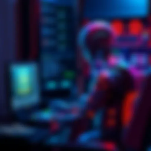 An AI named ROME using a computer to mine cryptocurrency independently, showing digital coins and hardware equipment in action.