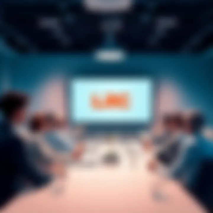 A group of professionals discussing LRC's future strategies in a meeting room with a presentation screen showing the LRC logo and merger ideas.