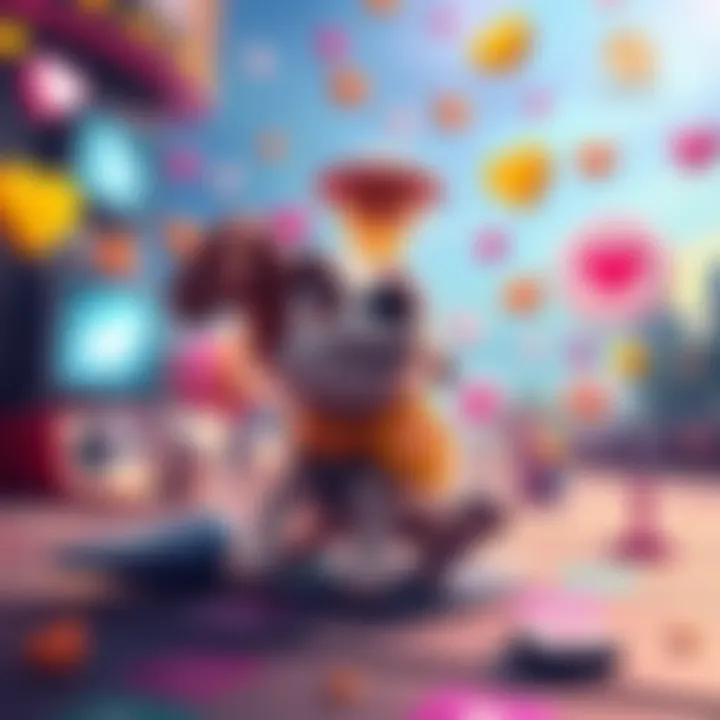 A colorful scene featuring a playful dog character representing Aerobud, surrounded by video game elements and symbols of charity like hearts and animal shelter logos.