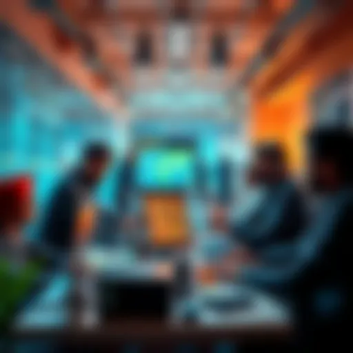 A group of Afghan entrepreneurs collaborating on cryptocurrency technology in a modern workspace.