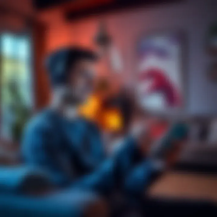 A person looks pleased while using the What Did I Agree To? app on their smartphone in a cozy living room setting.