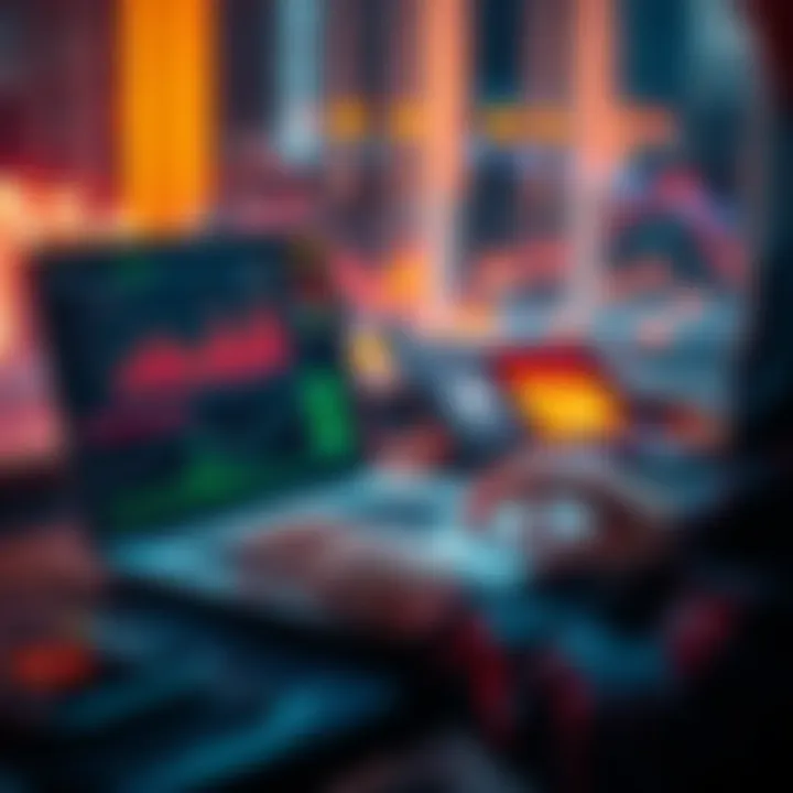 A person using AI software on a laptop to manage DeFi investments with graphs and charts on the screen