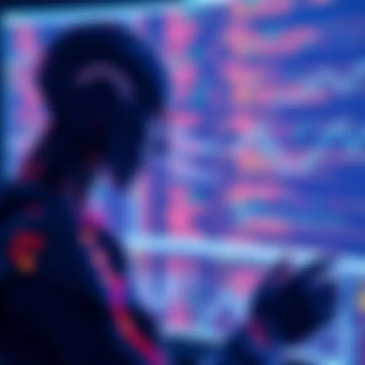 An AI agent represented as a digital figure, analyzing smart contracts on a virtual screen filled with code and diagrams.
