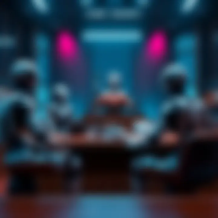 A digital courtroom scene with AI agents represented by humanoid robots discussing a case.