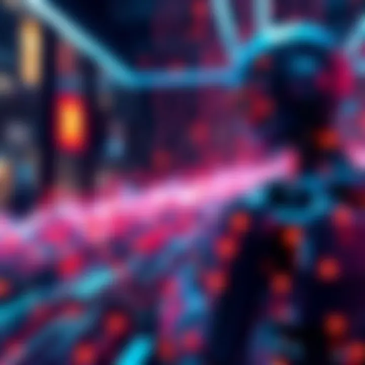 A visual representation of AI agents connecting clients in a digital job market, showcasing on-chain technology with secure contracts and refunds.