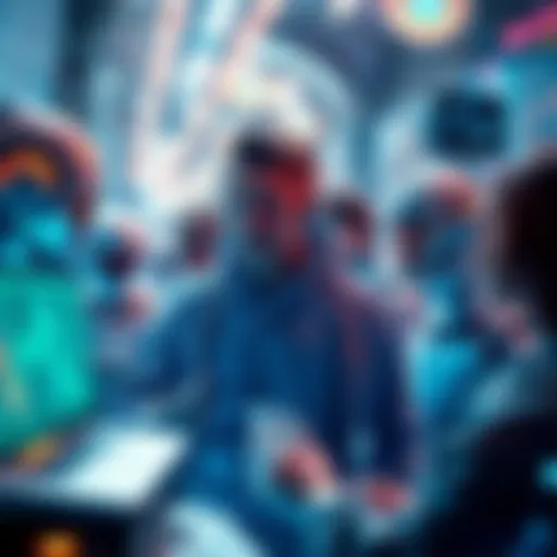 A chaotic scene of AI bots overwhelming a cryptocurrency platform, with real users looking frustrated and confused, highlighting the issue of fake transactions