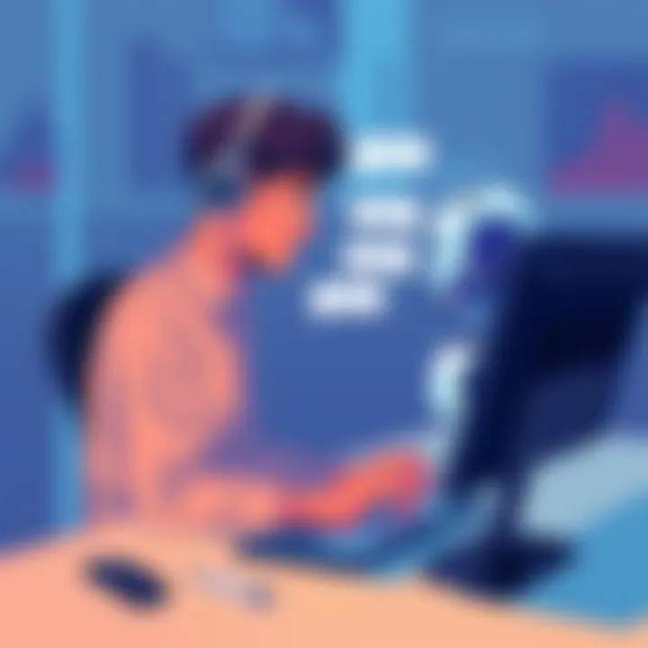 A frustrated person sitting at a computer, chatting with an AI support agent represented by a chatbot icon. The screen shows generic response bubbles.