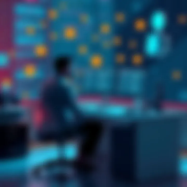 A person sitting at a desk with a computer, surrounded by digital currency symbols and a robot figure, highlighting the rise of AI-generated content in online crypto forums.