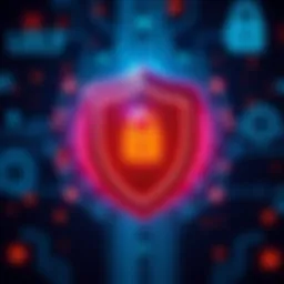 A digital illustration of an AI interface with a shield symbol representing cybersecurity protection. The background shows code and lock icons, emphasizing security measures against threats.