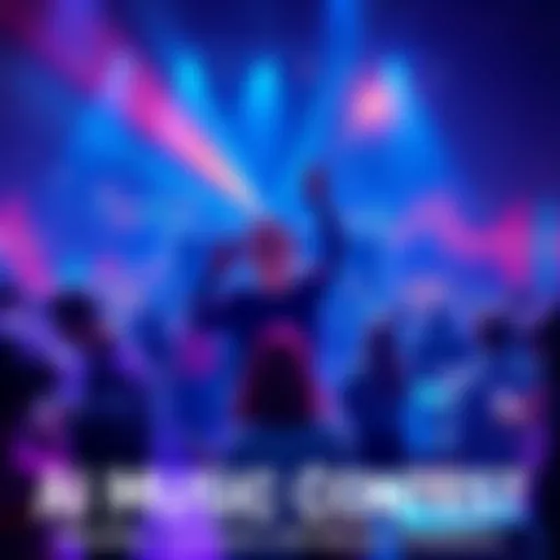 A vibrant scene showcasing creators participating in an AI music contest, with colorful graphics representing sound waves and music tracks, and people engaging with their devices in a celebratory atmo...