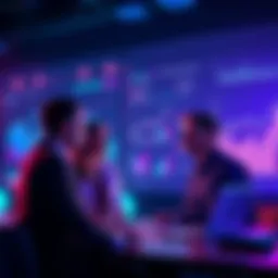 A group of professionals discussing AI safety regulations with charts and graphs in the background