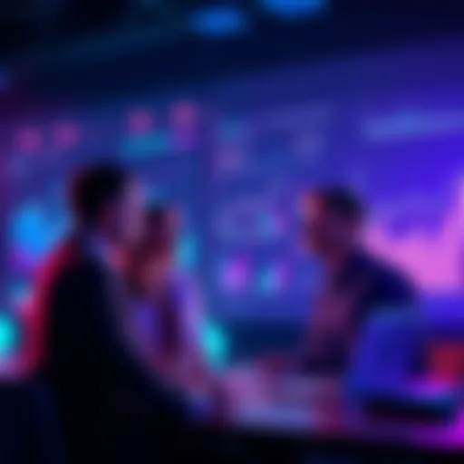 A group of professionals discussing AI safety regulations with charts and graphs in the background