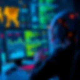 An AI security scanner analyzing a live deployed contract on a computer screen with graphs and code visible.