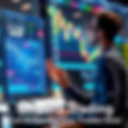 A person speaking to a digital assistant on a computer screen, with cryptocurrency charts in the background.