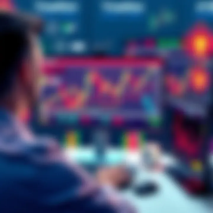 An illustration showing a person analyzing stock market charts on a computer, with AI graphics in the background.