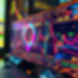 A digital screen showing a graph of cryptocurrency trading patterns with AI symbols and algorithms in the background.