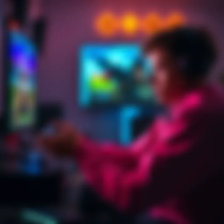 Aleksandar Playing Video Games A young male gamer focused on the screen, showcasing his skills in an aim montage, surrounded by gaming gear.