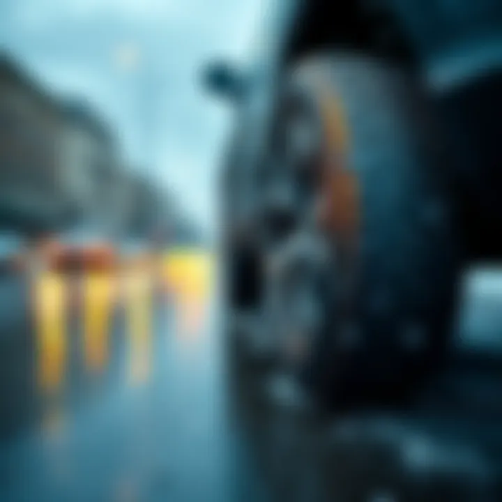 A pair of all-season tires on a wet road, showcasing their grip in rain and snow conditions, suitable for a 2019 CRV EX in NYC