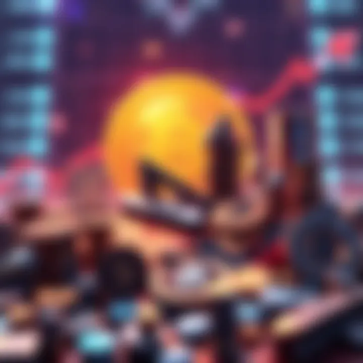 Illustration showing various altcoins with a rising graph and Bitcoin in the background, symbolizing market growth and price dynamics.