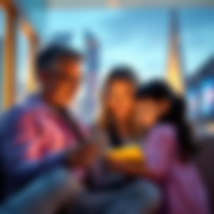 A family discussing the benefits of Amex Platinum and Ultra credit cards while looking at travel options