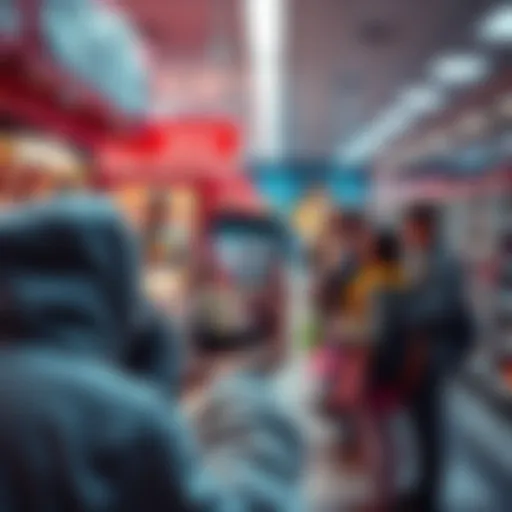 A person holding a phone in a store, checking for amiibo availability while others wait nearby.