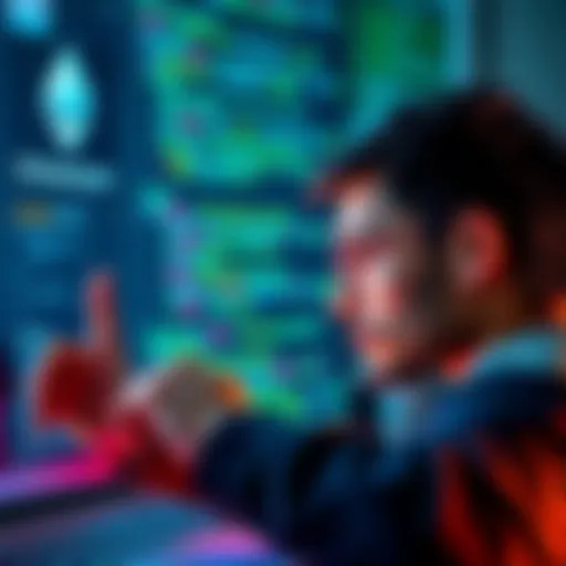 A person examining digital code on a computer screen, with symbols representing bytecode and Ethereum in the background