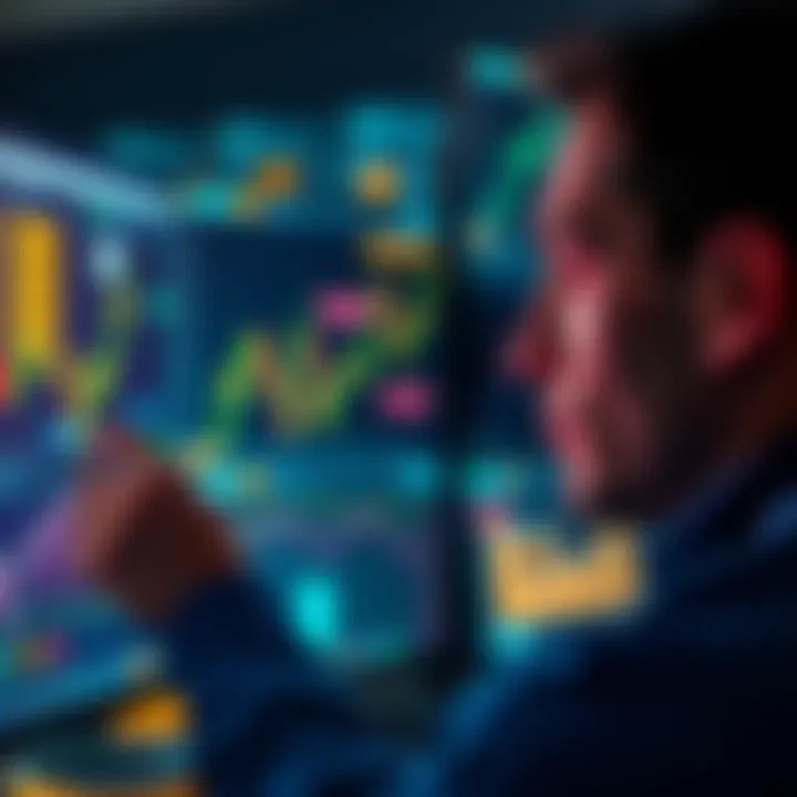 A person looking at a computer screen displaying blockchain data and charts, highlighting investment strategies in cryptocurrency