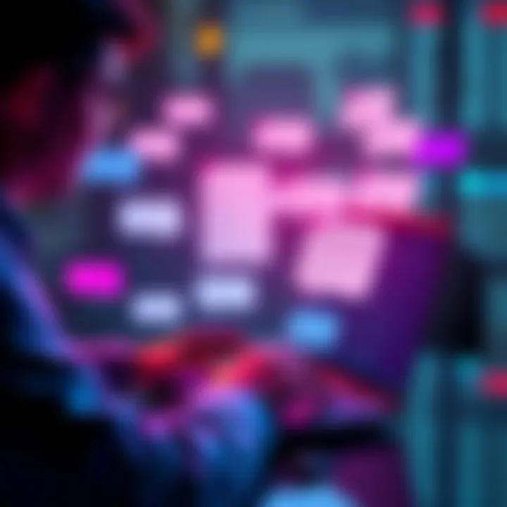 A person using a laptop to read comments on a forum about recent claims, with various chat bubbles around them.