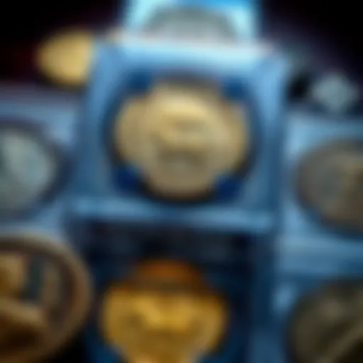 A collection of ancient coins placed in protective slabs, showcasing different designs and inscriptions, reflecting the debate on slabbing among collectors.