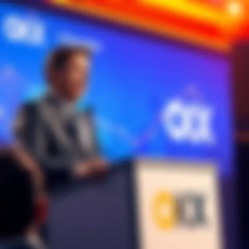 Andrew Cuomo speaking at a podium with OKX branding, highlighting blockchain technology benefits to an audience.