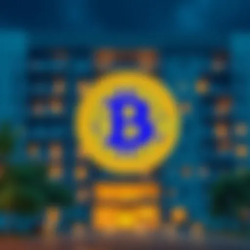 A modern apartment building with a Bitcoin symbol overlay, representing the future of housing prices