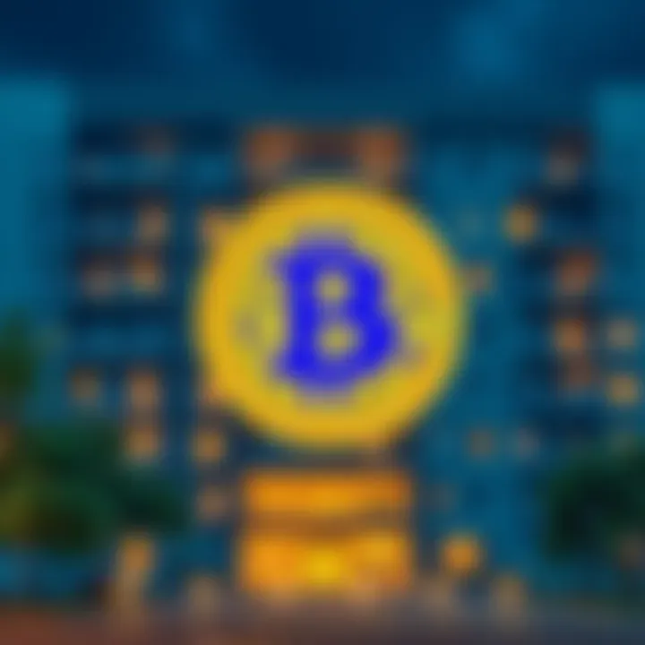 A modern apartment building with a Bitcoin symbol overlay, representing the future of housing prices
