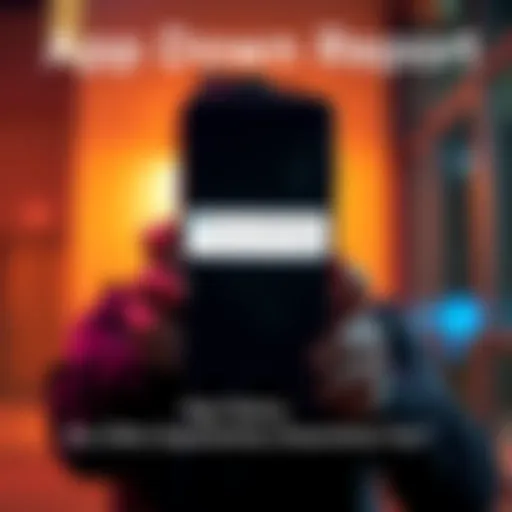 A smartphone displaying an error message while trying to load an app, with a frustrated person in the background.
