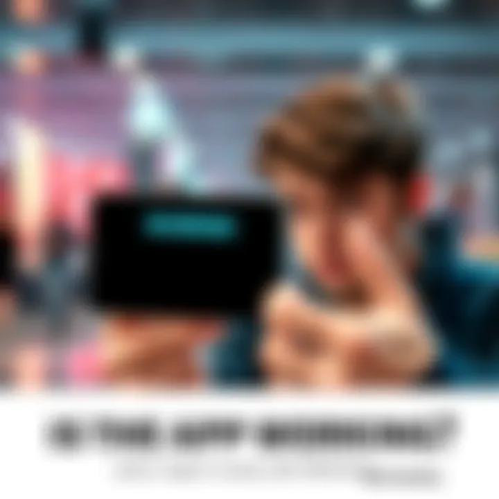 A smartphone screen showing an app with a blinking error message and a frustrated user looking at it.