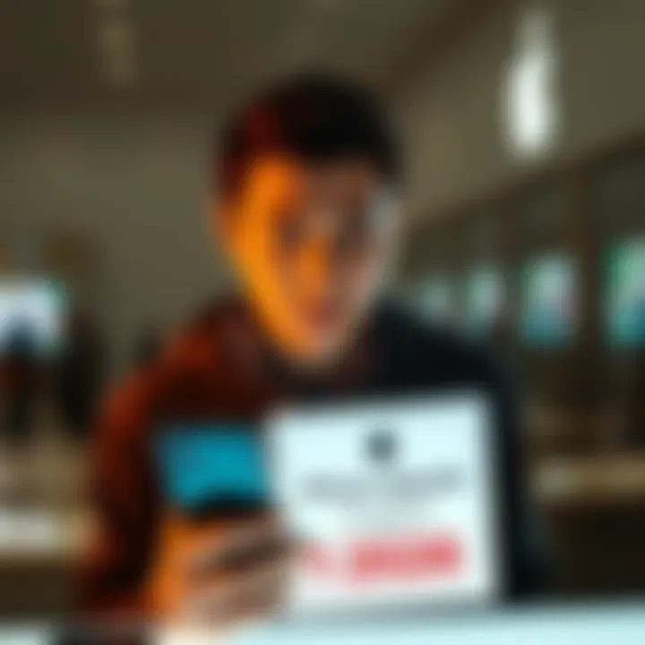 A person looking disappointed at an Apple store, holding a smartphone with a sign indicating the end of the iPhone Upgrade Program.