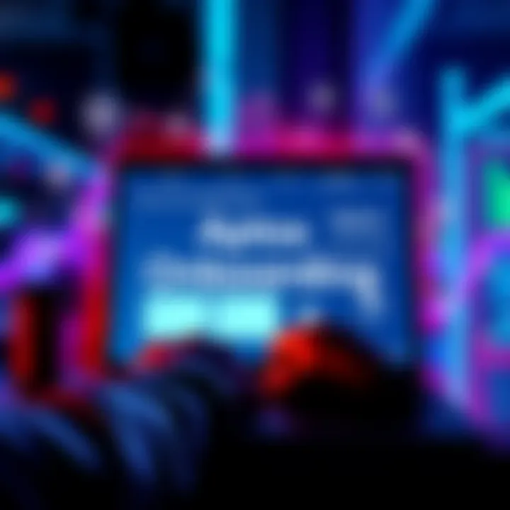 A visual representation of a person using a laptop with Aptos interface, surrounded by onboarding resources and tips.