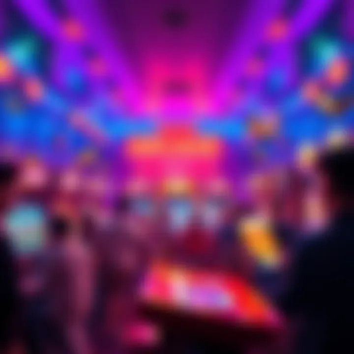 A vibrant arcade scene with people playing games and winning cash prizes