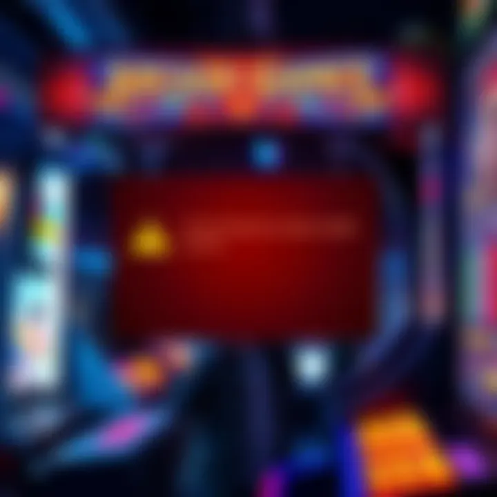 Arcade Game Screen with Error Message Close-up of an arcade game screen displaying an error message indicating early expiration, with frustrated players in the background.