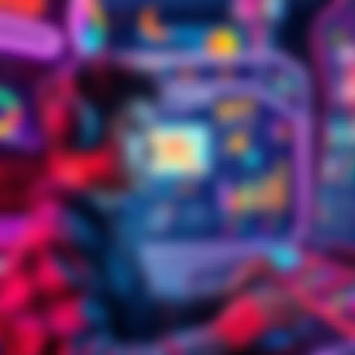 A person playing an arcade game with focused expression, surrounded by colorful game graphics and survey charts.