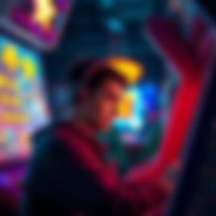 A player frustrated while playing an arcade game, looking at the screen showing changing rewards.