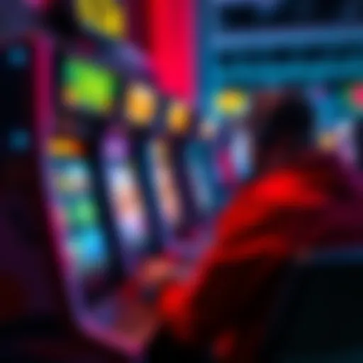A player at an arcade machine with colorful screens showing various game options for earning money