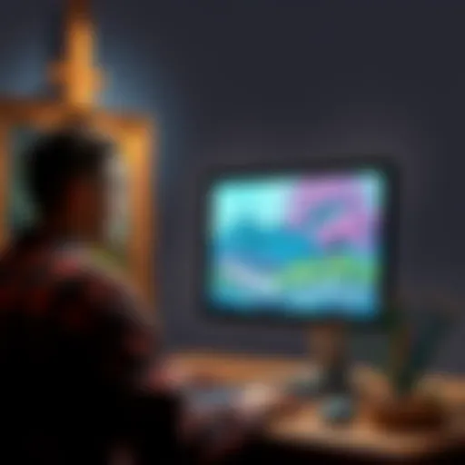 An artist scans a physical painting to turn it into a digital NFT, with a computer screen showing the artwork in digital format.