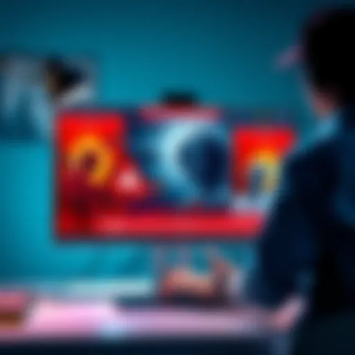 An artist showcasing their digital artwork on a computer screen, highlighting the process of selling NFTs, with alert signs for scams indicated